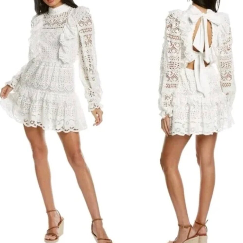 SEA NEW YORK Patriza White Eyelit Ruffle Open Back Vegas Wedding Mini Dress SZ 4